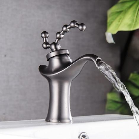 Grifo de lavabo de latón vintage, mezclador europeo para baño, agua fría y caliente, color gris. (1/5)