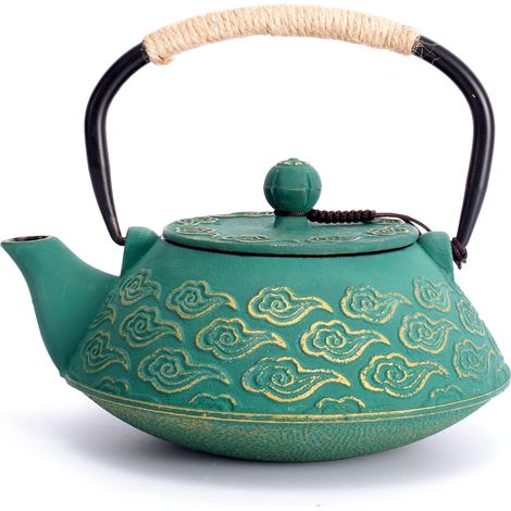 Théière en Fonte, Théière Japonaise avec Inspergraphe pour Feuille Libre, Bouilloire à Thé 800ml pour Cuisinière Enduite d’Intérieur émaillé, Motif Nuages, Vert (1/5)