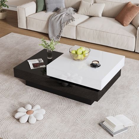 REDOM Table basse 103x60x35.5 cm pivotante moderne panneau de particules finition haute brillance blanc et noir (1/5)