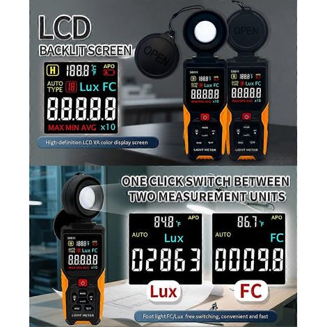 Luxmètre numérique 200 000 lux / 18 500 FC, pour la photographie et la culture de plantes, avec lampe LED. (1/5)