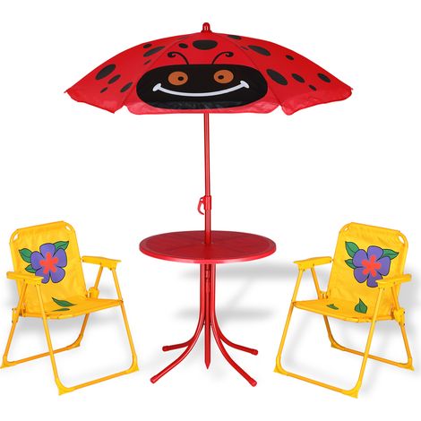 Spielwerk® Children's Outdoor Seating Set Kids Garden Furniture 2x Floral Folding Chairs Round Table UV40 Umbrella with Ladybug Design Red & Yellow (1/5)