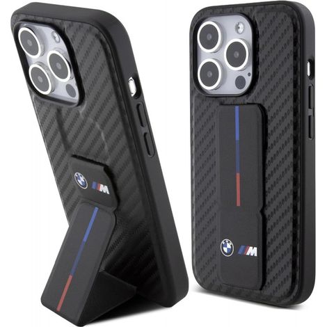 Coque rigide BMW BMHCP15LGSPCCK pour iPhone 15 Pro 6,1" noire avec support et poignée lisse et carbone