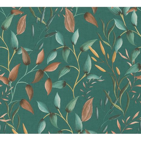 Papier peint fleuri, orange et vert, fond vert, ambiance champêtre, salon, cuisine, 397454 (1/4)