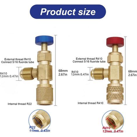 Lot de 2 Réfrigérant Valve de Sécurité R32 R22,Vanne de Débit de Climatisation,pour Adaptateurs Raccords R22/ R32 (1/4)