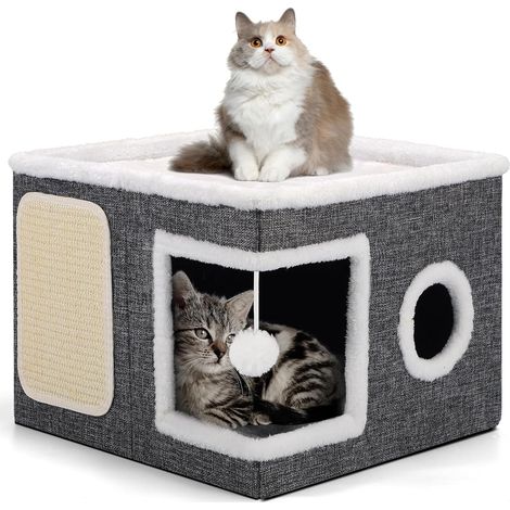 1 - Maison pour Chat - Lit Pliable - Niche 2 Niveaux avec Griffoir et Jouet Suspendu - Intérieur Extérieur - Gris - 43x43x32cm (1/5)