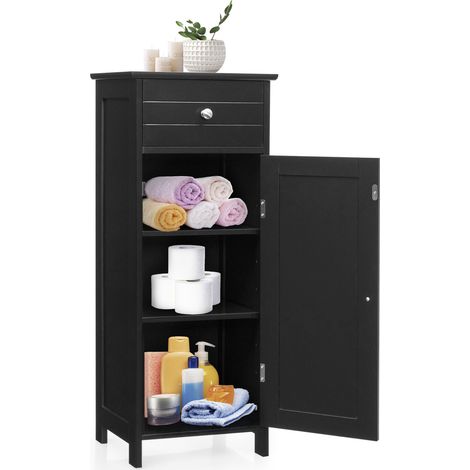 Wooden Storage Free-Standing Floor Cabinet with Drawer and Shelf-Black (1/5)