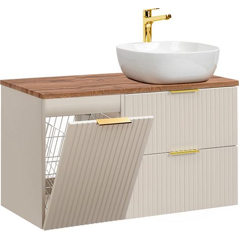 Meuble simple vasque 100cm panier à linge Adriel Cachemire et Bois (1/5)