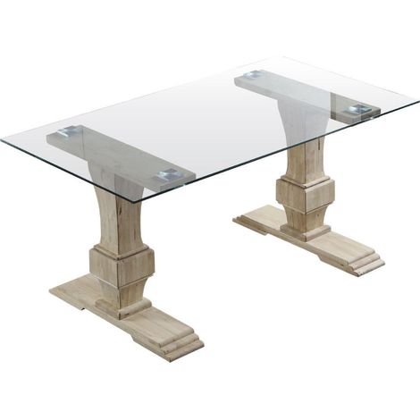 Home Heavenly® - Mesa de comedor de cristal VICTORIA, 2 patas de madera tallada estilo colonial, 160x90 cm.  Color: Roble Nordish (1/4)