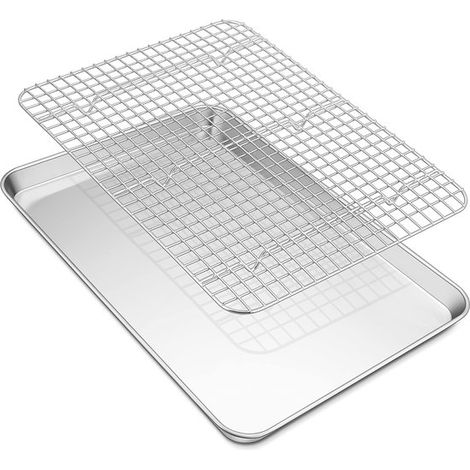 Plaque de cuisson avec grille de refroidissement - Acier inoxydable, plaque rectangulaire pour gâteaux, 40,4 x 30,6 x 2,5 cm - Durable, saine et multifonctionnelle, couleur argent (1/5)