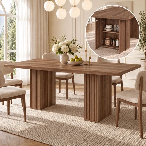 Table de salle à manger extensible 150/190 x 90 cm, idéale pour 6 à 8 personnes, avec espace de rangement, plateau épais, style scandinave, finition noyer. (1/5)