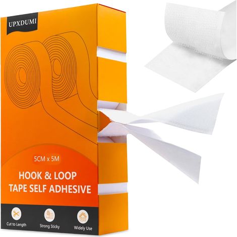 50mm x 5m Scratch Autocollant Double Face, Puissant Shearable Adhésif Hook loop Bande Agrippantes, Autocollantes Crochets Et Boucles Ruban pour Ménage/Couture/Bricolage/Tapis - Blanc (1/5)