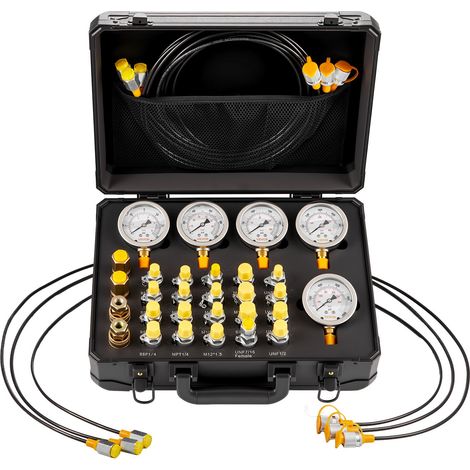 Kit de Test de Pression Hydraulique, 5 Manomètres Numériques 10/60/160/400/600 bar avec 20 Raccords, 4 Raccords Rapides et 3 Tuyaux, pour Excavatrices Machines de Construction Chantier (1/5)