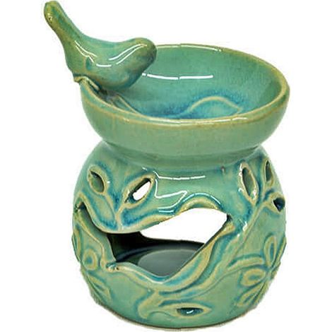 Brûleur a huile en céramique avec oiseau vert