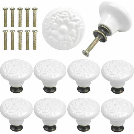 10 Pcs Bouton de Tiroir en Céramique Poignée de Meuble Ronde Gravure Vintage avec Vis - Blanc (1/4)