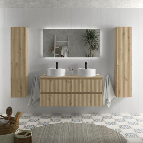 Mueble de Baño KIRA 120cm Roble 4 cajones Lavabo sobre encimera 2 pozas Porcelana (1/5)