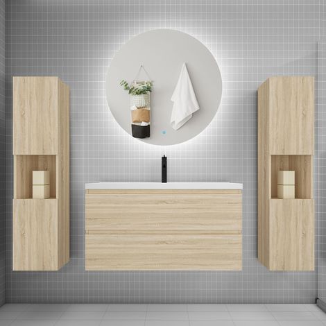 Ensemble meuble chêne et vasque L.100cm 2 tiroirs + colonne2 haut + lavabo + miroir 60x60cm-suspendu (1/5)