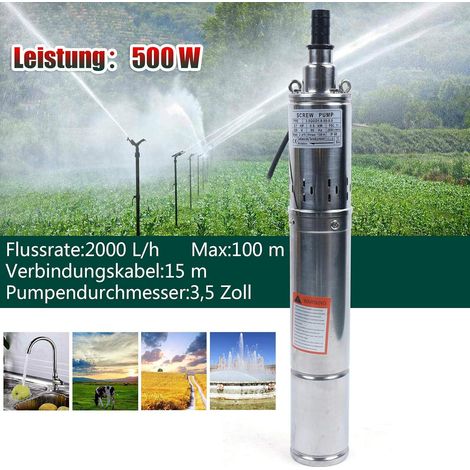 500 W Pompa per fontana profonda, pompa sommergibile, pompa a vite, compatibile con la sabbia, in acciaio inox, velocità di flusso 2000 l/h, altezza massima di mandata 100 m (1/5)