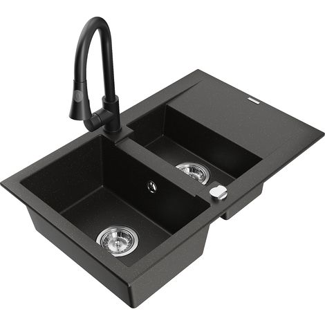 Mexen Gaspar 1,5-Becken-Granitspüle mit Abtropffläche und Mischbatterie Elia, Schwarz/Gold metallisc
