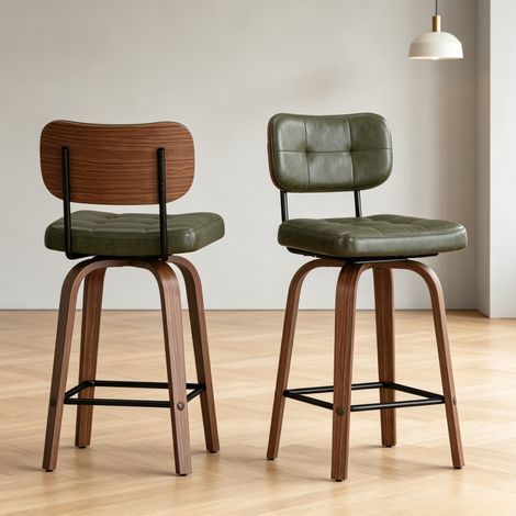 Set de 2 taburetes de bar giratorios de PU verde con respaldo de madera y estructura de metal (1/5)