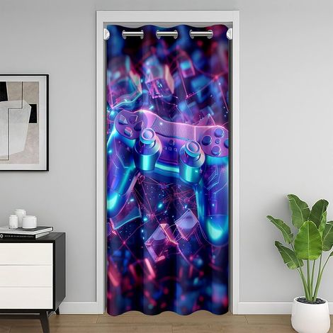 Rideau de porte pour enfants, rideau occultant à paillettes, motif manette de jeu vidéo, grille géométrique mécanique, décoration de porte de chambre à coucher, salon, 1 panneau, violet et bleu - 60"W (1/5)