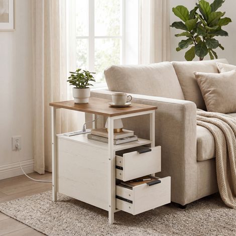 Table d'Appoint avec Multiprise et 2 Tiroirs 60 x 30 x 61 cm Marron Rustique et Blanc (1/5)