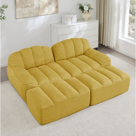 Divano modulare 2 posti giallo in tessuto felpato testurizzato con 2 pouf, forma a conchiglia, seduta profonda 68 cm, senza montaggio (1/5)