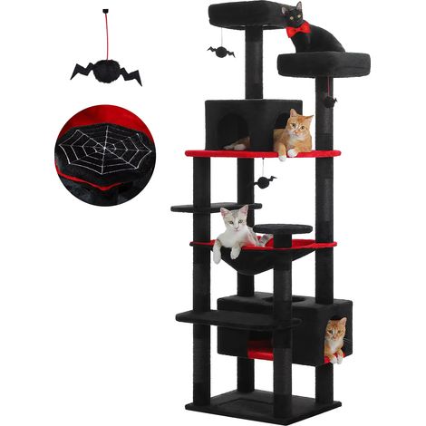 Tour félin 184 cm – Noir – Hamac spacieux – Poteaux griffoirs sisal – Perchoirs confort – Balles suspendues (1/4)