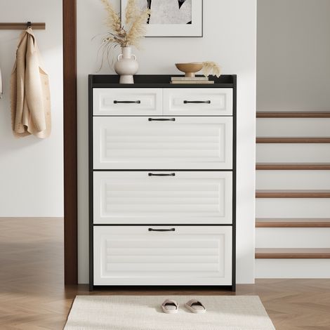 Meuble à chaussures 80x23,5x131 cm avec rangements pivotants, blanc et noir (1/5)