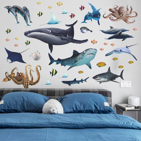 BEBUSINGOTO Juego de pegatinas decorativas de pared con diseño de animales marinos, ideal para dormitorio, baño y sala de estar. (1/5)