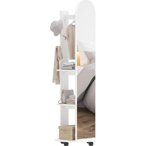 HOMCOM 2-in-1 Full Length Mirror with Shelves, 4 Wheels, White