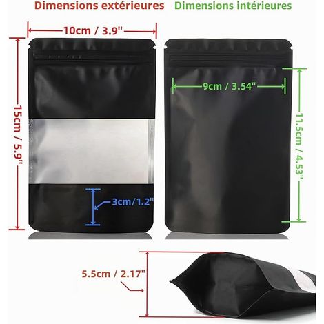 Rimiko Sachets Alimentaires Debout avec Fenêtre Transparente, Sachet Zip Refermable Aluminium Stand up, Sac Pochette Mylar pour Conservation des Aliments (Noir, 10x15cm) (1/4)