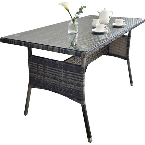 Mesa de jardín de ratán con tablero de cristal - Resistente a la intemperie, capacidad para 4 personas. (1/5)