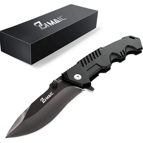 Couteau pliant une main lame acier inoxydable noir manche aluminium camping randonnée (1/5)