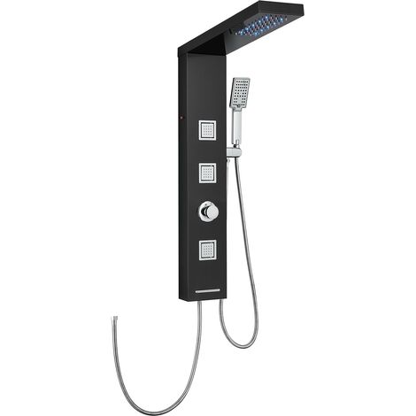 Panneau de douche LED sans robinet, panneau de douche 4 fonctions avec douche à effet pluie LED, 3 buses de massage, douchette à main et bec de baignoire, colonne de douche en acier (1/5)