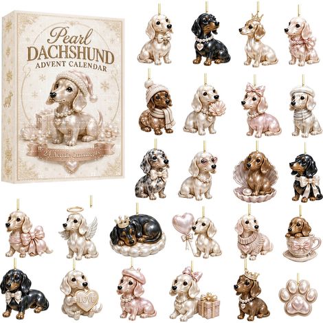 Dackel-Adventskalender 2026 – 24-teilig – Perlweiß, Rosa, Schwarz, Braun – Acryl – 28 x 20 cm – Perlmutt-Dackel-Weihnachtsbaumschmuck-Set – Christbaumschmuck – geeignet für Weihnachtsfeiern und als De (1/5)
