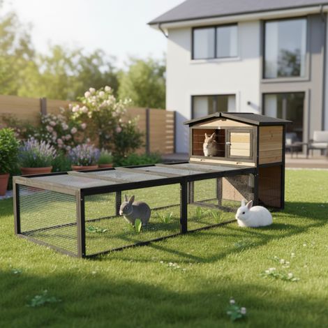 Clapier Bois FSC 2 Niveaux Enclos 180x90cm Shelty Pet Noir/Naturel (1/5)