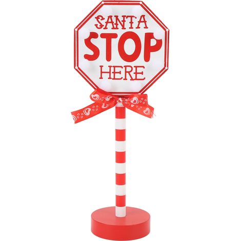 Santa Stop Here Pole Sign Wooden Xmas Desktop Decoration with LED Warm Light Gift (1/5)