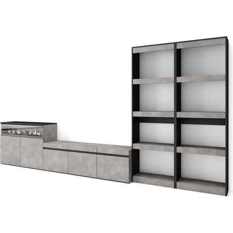 Skraut Home – Ensemble meuble TV moderne avec cheminée électrique – Dimensions 370x35x186cm – Pour TV jusqu'à 65" – Couleur gris ciment (1/5)