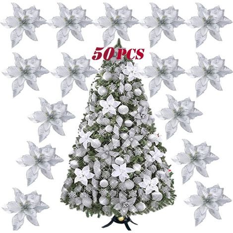 MINKUROW 50 Piezas 14 Cm Flor De Navidad Plata Artificial Lienzo No Tejido Abeto Árbol Falla Flor Decoración Árbol De Navidad Abeto Boda Jardín (1/5)