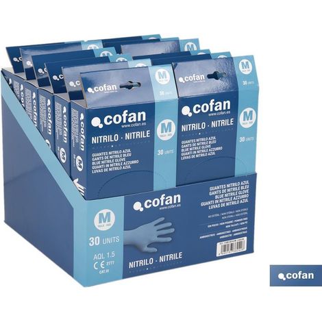 COFAN expositor caja 30 unds. guantes nitrilo t-m , Expositor de cartón con 12 cajas dispensadoras de 30 guantes de nitrilo sin polvo. Su colocación es ambidiestra y se caracteriza
