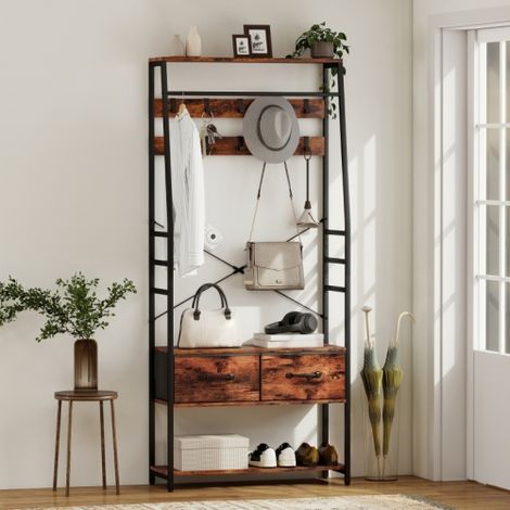 Armoire d'entrée combinée en panneau de particules et structure métallique, étagère à chaussures avec banc, 10 crochets, 2 tiroirs en tissu et tringle à vêtements, design pratique et spacieux pour hal (1/3)