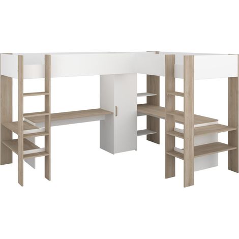 Doppel-Eckhochbett mit Stauraum & Schreibtisch - 2 x 90 x 200 cm - Weiß & Holzfarben - LASCANO (1/5)