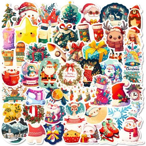 50 autocollants de Noël à motifs : bonnets de Père Noël et rennes – Autocollants décoratifs à faire soi-même pour cahiers, réfrigérateurs, valises – Cadeaux de Noël imperméables (1/5)