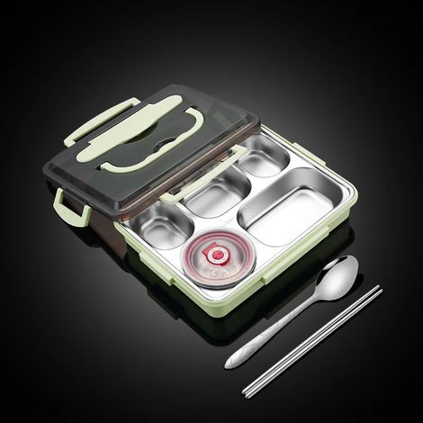 Boîte à lunch étudiante en acier inoxydable 304 (verte), compatible micro-ondes, compartiment isotherme portable, contenant alimentaire (1/5)