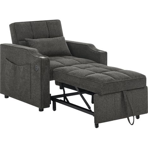 Fauteuil-lit 3-en-1 gris avec connexion USB/Type-C, porte-gobelet en acier inoxydable, dossier réglable en 3 positions - 190 cm (1/5)
