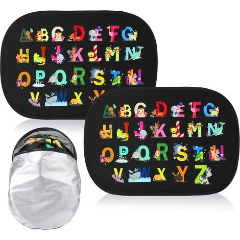 Lot de 2 pare-soleil latéraux pour voiture, motif animaux et alphabet, fixation statique, compatibles avec la plupart des véhicules et les animaux domestiques, protègent des rayons UV. (1/5)