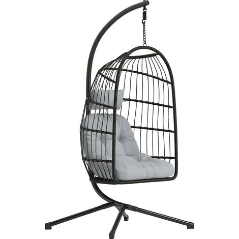 Fauteuil suspendu pliable en polyrattan avec structure, coussins, appui-tête, ceinture de sécurité et hauteur ajustable