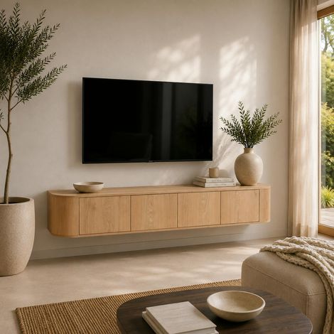 Long meuble TV suspendu en chêne clair 4 portes LOREN (1/5)
