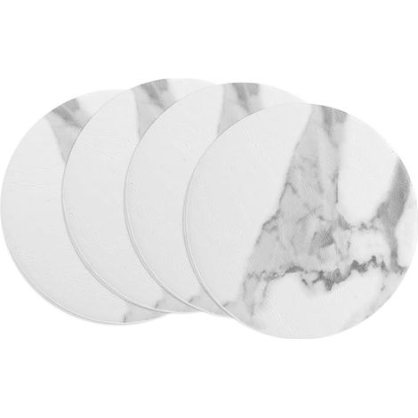 Ensemble de 4 Dessous de Verre Ronds Style Marbre Double Face Antidérapants Antiadhésifs Imperméables Cuir pour Boissons Table Basse Décoration Intérieure 4"x4" Blanc (1/5)