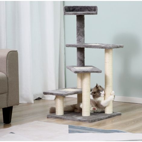 Kratzbaum 48,5 x 48,5 x 100 cm beige und grau mit 3 Stufen, hoher Plattform und Sisal HAVRYA (1/5)